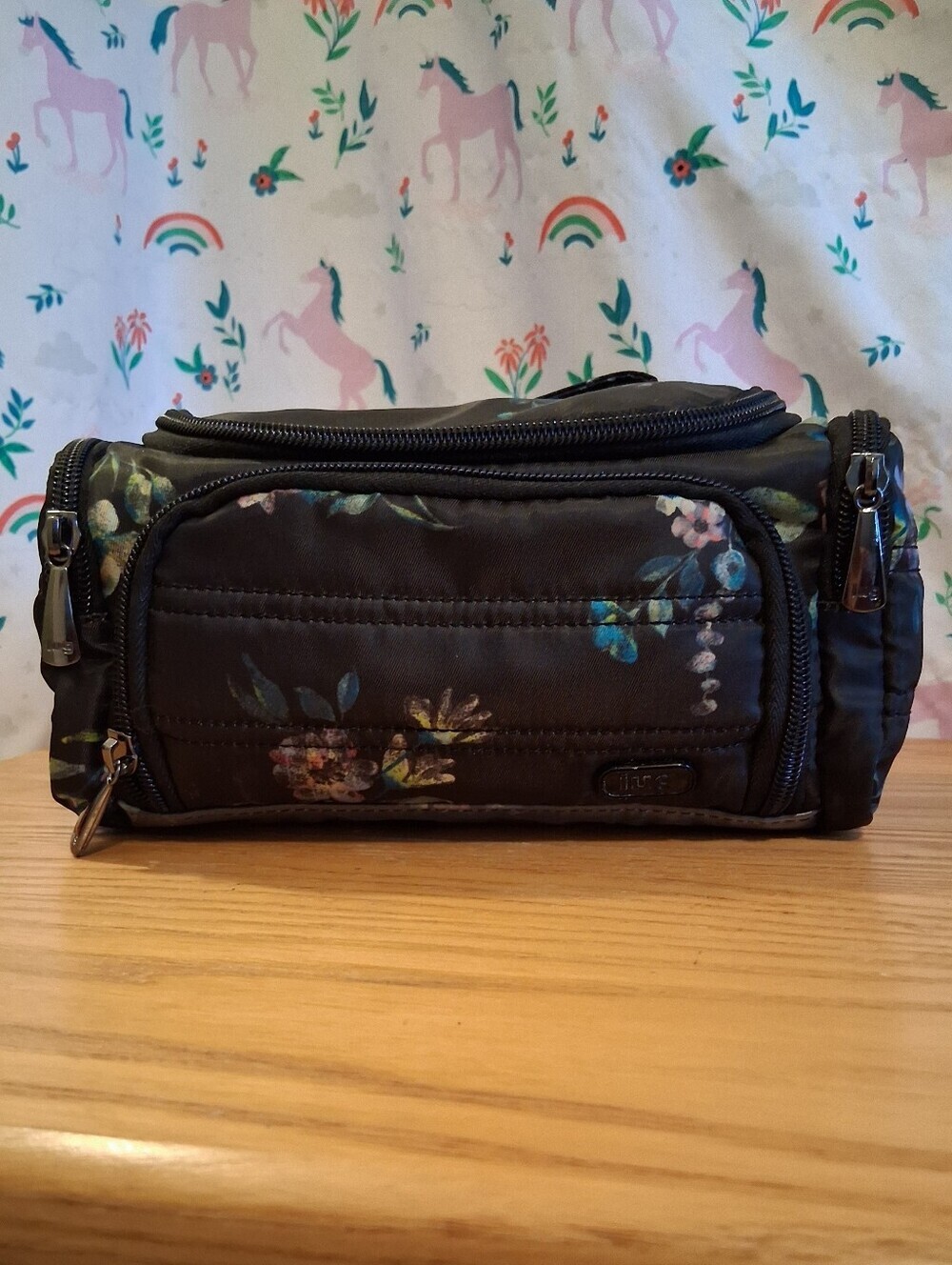 EUC Lug Mini Trolley Black Floral Nylon Travel Cosmetic Makeup Beauty Pouch Bag